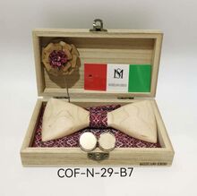 Coffret Massiliano Sergio rouge : nœud papillon bois, broche, pochette et boutons
