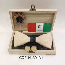 Coffret Massiliano Sergio noir : nœud papillon bois, pochette, broche et boutons