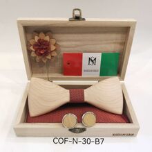 Coffret Massiliano Sergio brique : nœud papillon bois, pochette, broche et boutons