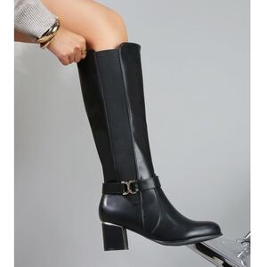 Bottes hautes talon carré à bande élastiqué et bride de cheville grande taille 41-44