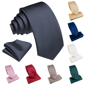 Ensemble cravate slim 6,5 cm et pochette de costume unie satinée - 12 pièces