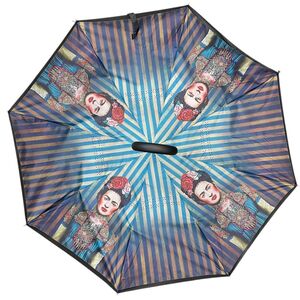 Parapluie à motif Frida Kahlo sur un fond de rayures vintage