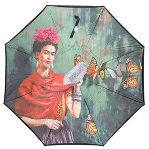 Parapluie Frida Kahlo avec papillons sur fond aux teintes de vert