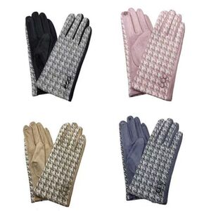 Gants tactiles à motif pied-de-poule avec trois boutons décoratifs