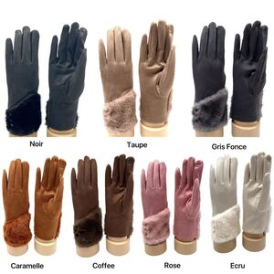 Gants tactiles en matière veloutée avec bordure en fausse fourrure