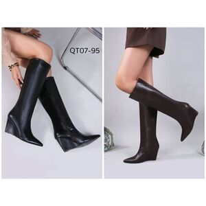 Bottes montantes en simili à bout pointu et talon compensé taille 36-41