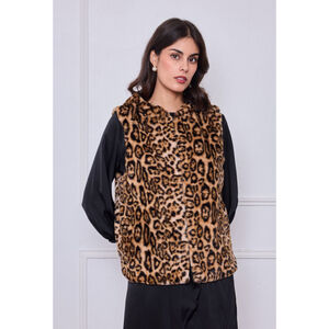 Gilet sans manches en fausse fourrure à capuche motif léopard