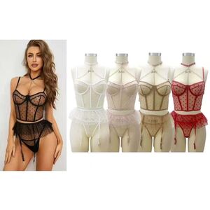 Ensemble lingerie 3 pièces sexy en tulle transparents à pois avec chaîne