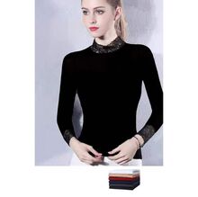 T-shirt moulant à manches longues avec col montant et poignets en dentelle