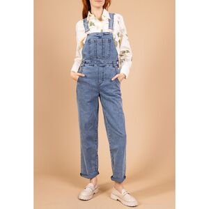Salopette coupe droite en denim bleu avec un léger délavage