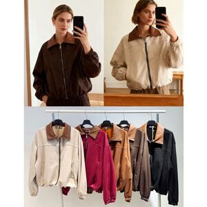 Veste bomber chic en simili suède avec col contrasté à imitation cuir