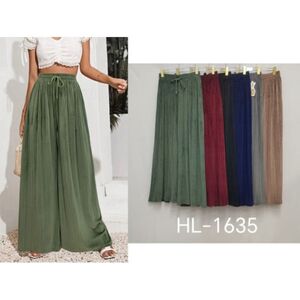 Pantalon large fluide et plissé au toucher velours taille haute à cordon