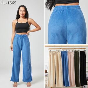 Pantalon large en velours à taille haute et deux bandes latérales