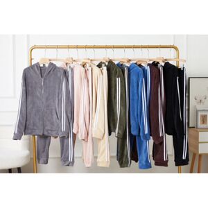 Ensembles en velours avec bandes latérales sweat zippé à capuche & jogging