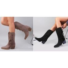 Bottines western en suédine frangées et talon cubain effet bois taille 36-41