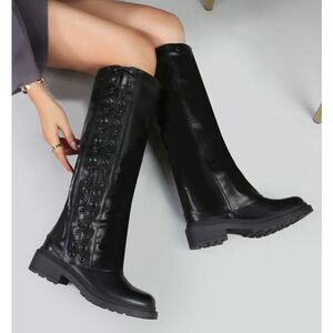 Bottes à tige haute semelle texturée et guêtres avec laçage croisé taille 36-41