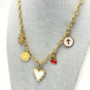 Collier à maillons avec breloques fantaisie en 100 % acier inoxydable doré