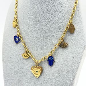 Collier à maillons doré en acier inoxydable avec breloques Hamsa et Evil Eye