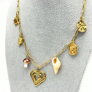 Collier breloques doré en acier inoxydable Cœur, Coquillage & Champignon
